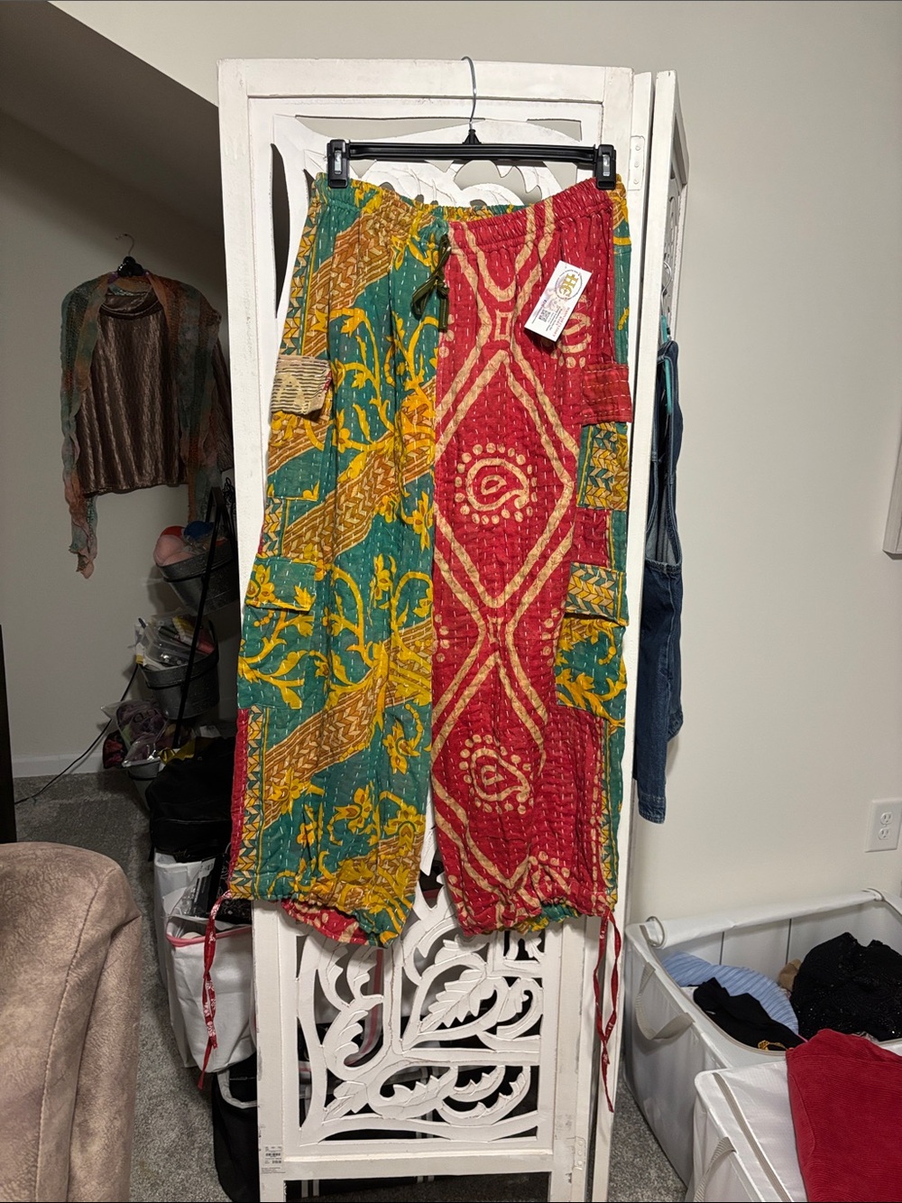 Boho Patchwork Wide-Leg jogger Pants in Red & Green